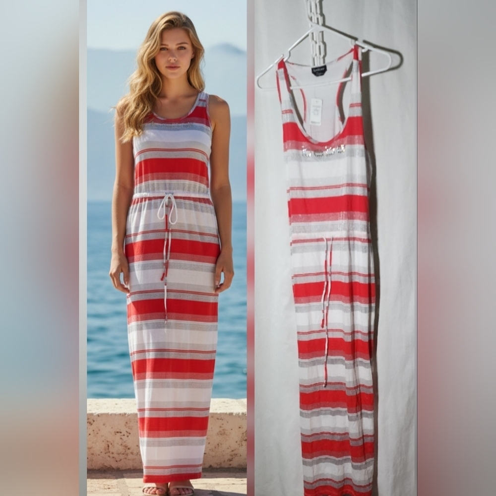 bebe Red and White Striped Maxi Dress